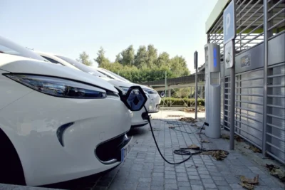 A queue of electric vehicles charging at a public fast-charging station in Europe, representing the record surge in EV registrations across EU markets in March 2026.