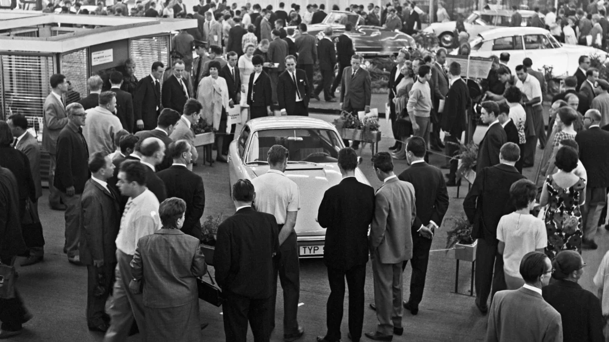 The Porsche 901 prototype on display at the 1963 Frankfurt Motor Show, before the name was changed to 911 following a dispute with Peugeot