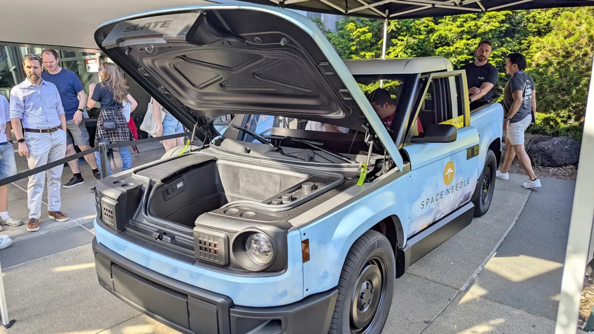 The Slate Auto electric pickup truck in its bare-bones base configuration at the company's Warsaw, Indiana factory, representing the Bezos-backed startup's bid to bring affordable EVs to America.