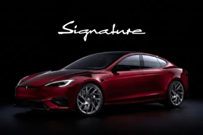 A Tesla Model S Signature Edition in Garnet Red, representing the final deliveries of Tesla’s iconic electric sedan as production comes to an end in 2026.